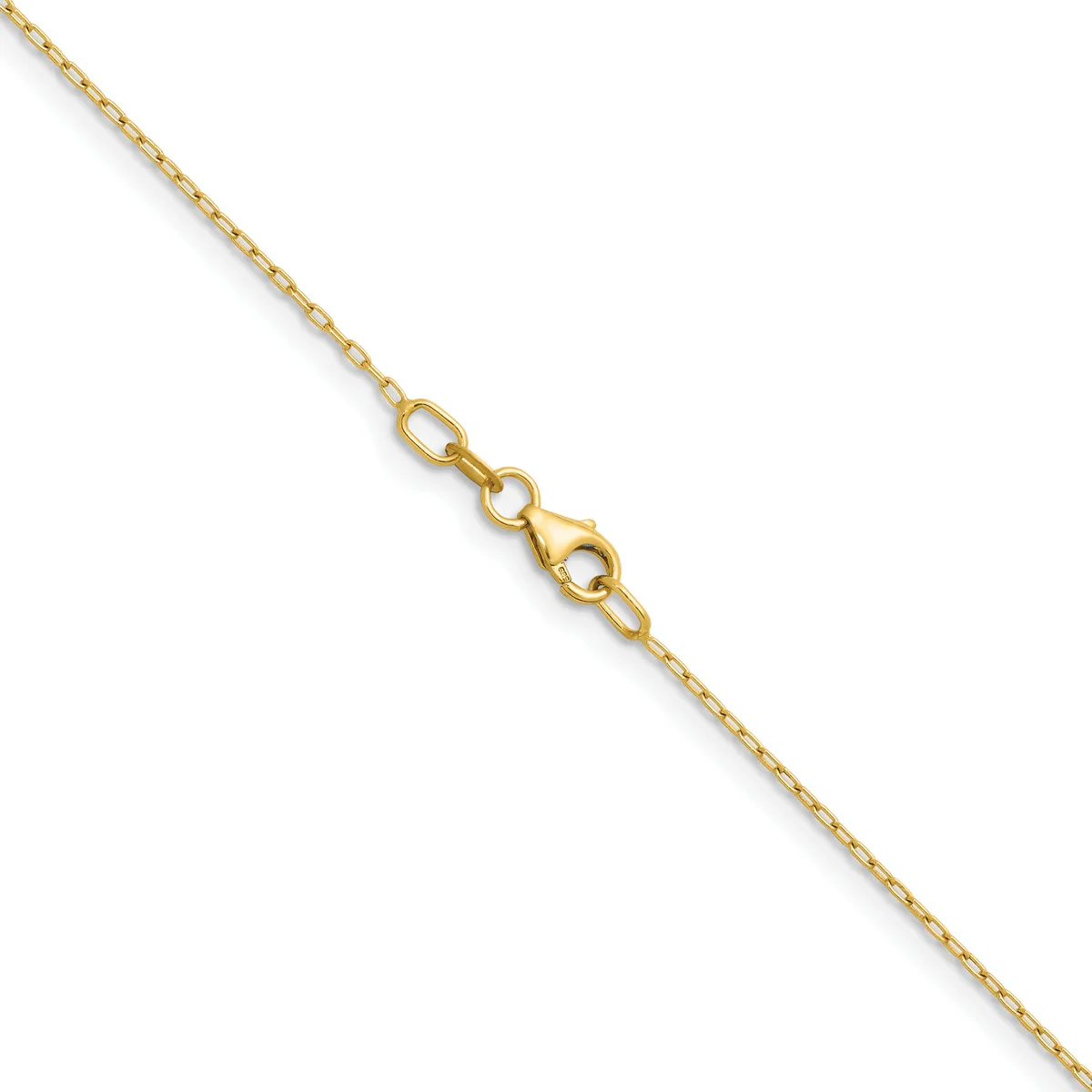 A thin gold chain with a lobster claw clasp, displayed diagonally against a white background.