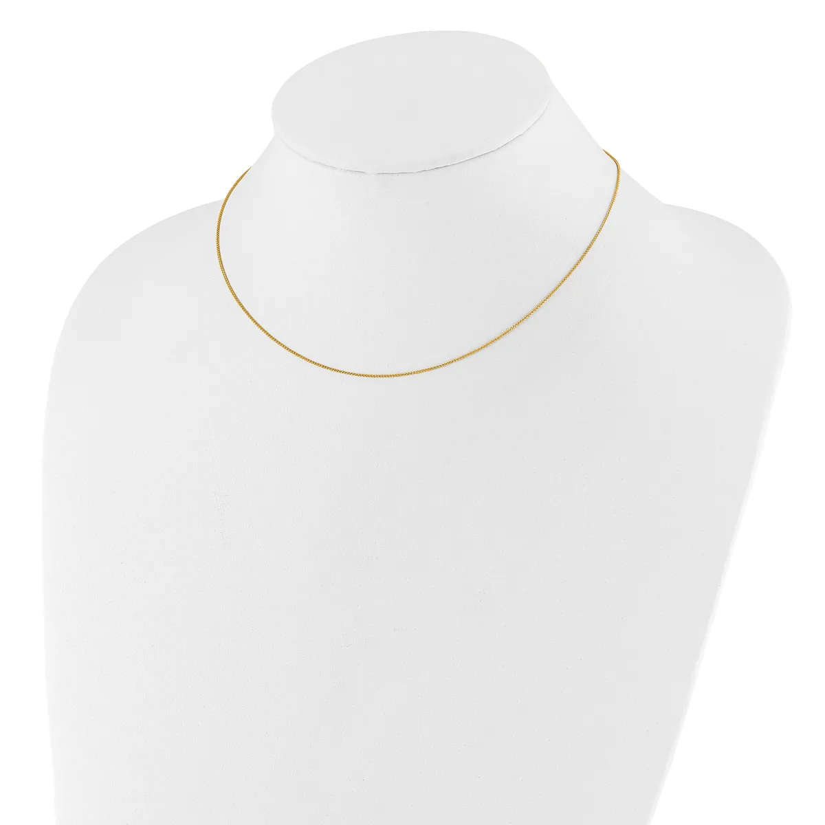 A thin gold-toned snake chain necklace displayed on a white bust form.