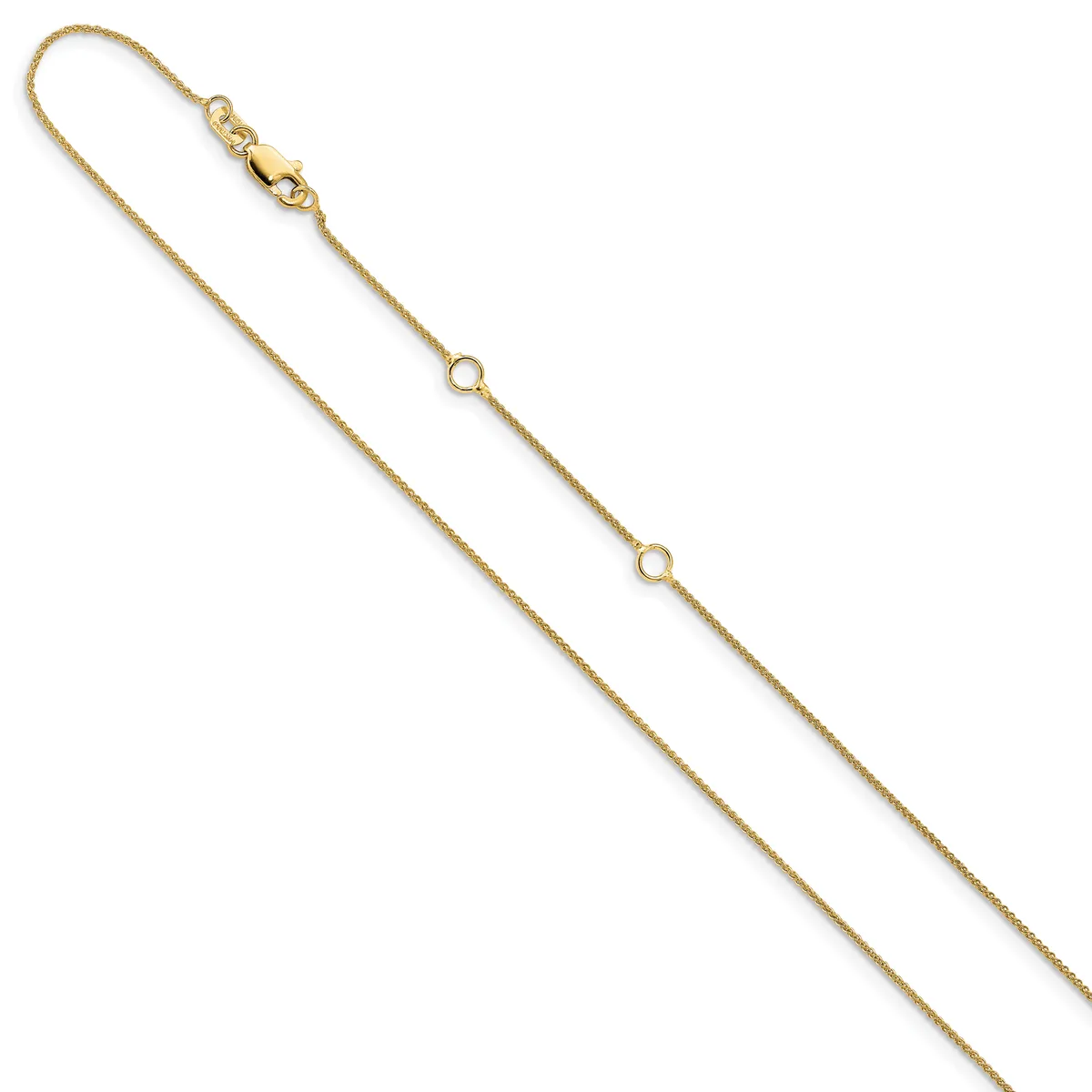 A thin gold chain with a lobster clasp at the top and two small circular link accents spaced along its length.