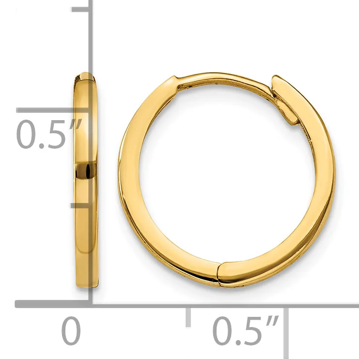 A pair of polished gold-colored hoop earrings with a hinged closure, shown from front and side views with measurements indicating approximately 0.5 inches in diameter and thickness.