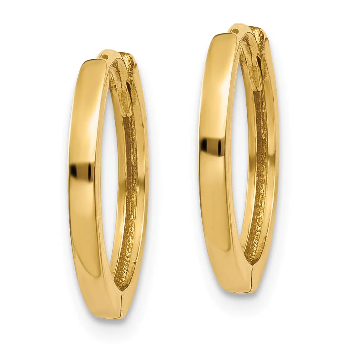 A pair of polished gold hoop earrings with a smooth rounded rectangular profile, shown from the front against a white background.