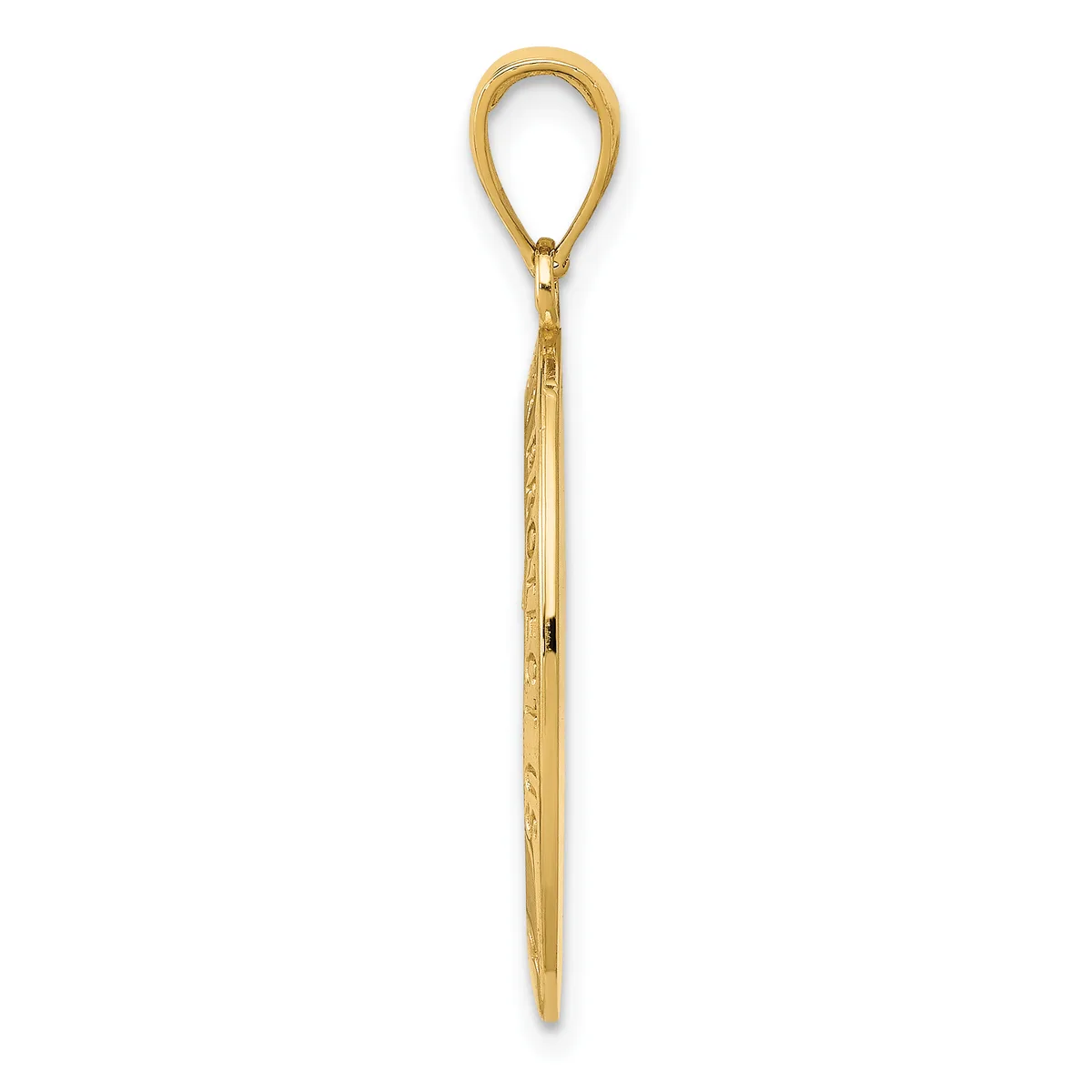 A long gold teardrop pendant with a textured shaft and small stamped hallmark, shown against a white background.