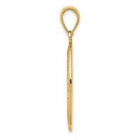 A long gold teardrop pendant with a textured shaft and small stamped hallmark, shown against a white background.
