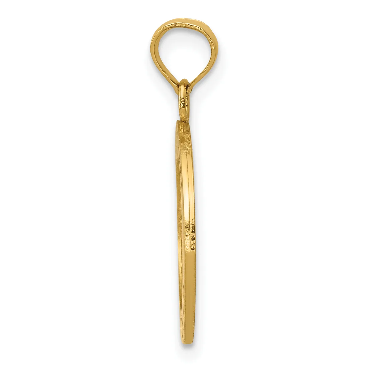 A gold-colored metal pendant with a loop at the top and an elongated teardrop-shaped bail, shown against a white background.