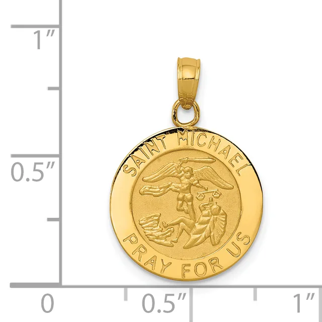 Gold round pendant with Saint Michael and an angel depicted in relief, featuring text around the border reading "Saint Michael" and "Pray for Us," shown next to a ruler for scale.