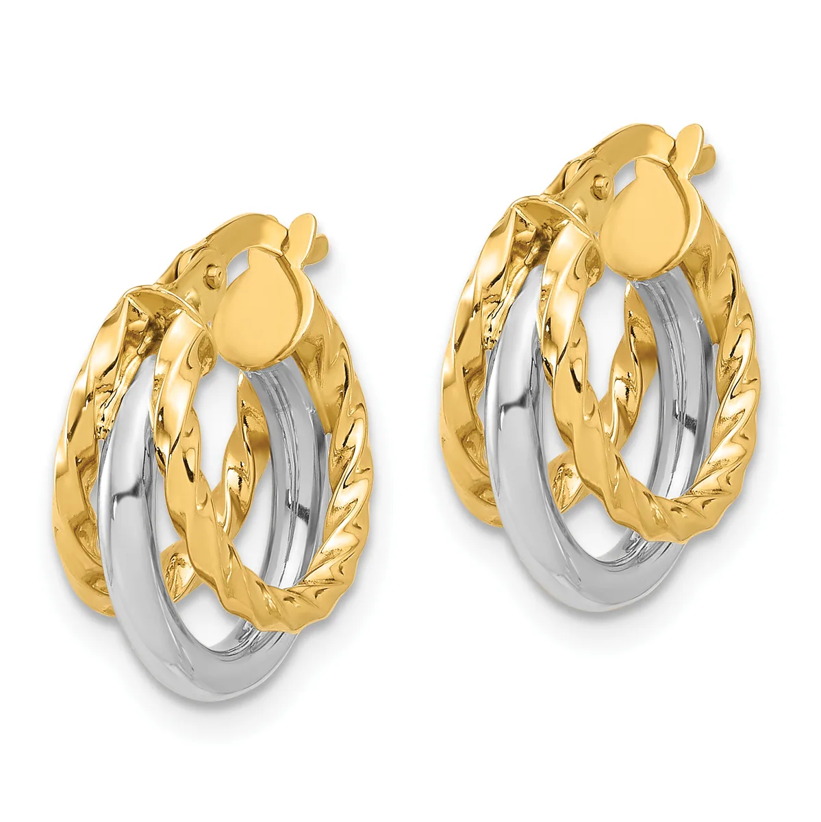 Pair of two-tone gold hoop earrings with textured outer bands and smooth inner bands, featuring clip-on closures.