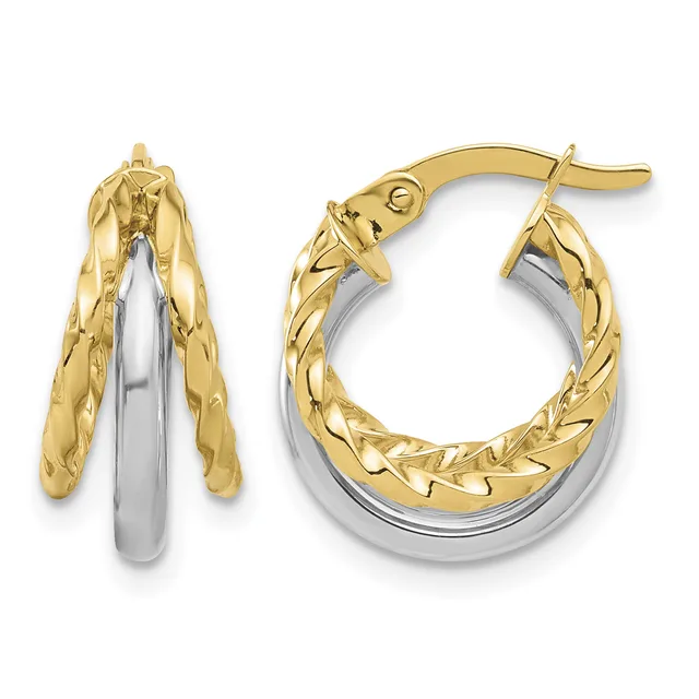 Two-tone gold and silver hoop earrings with textured outer surface and polished inner band, shown from front and side views.