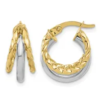 Two-tone gold and silver hoop earrings with textured outer surface and polished inner band, shown from front and side views.
