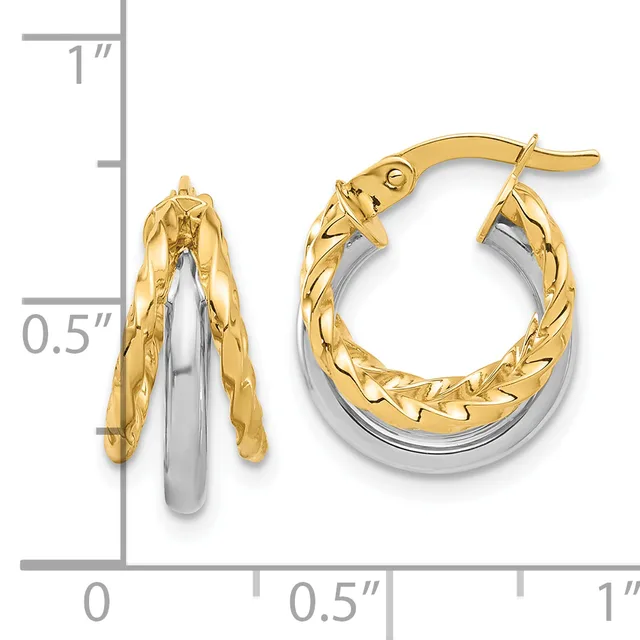 Two-tone gold hoop earrings with textured outer surface and polished inner band, shown with measurement scale indicating approximately one-half inch diameter.