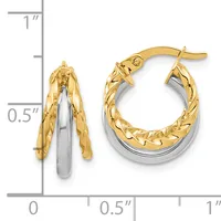 Two-tone gold hoop earrings with textured outer surface and polished inner band, shown with measurement scale indicating approximately one-half inch diameter.