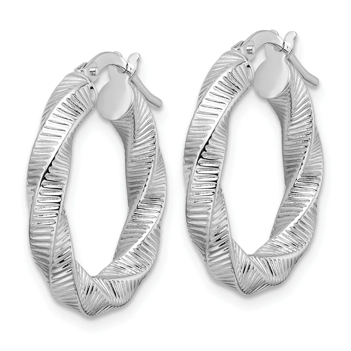 Pair of silver-toned textured hoop earrings with a brushed finish and diagonal line pattern, shown against a white background.