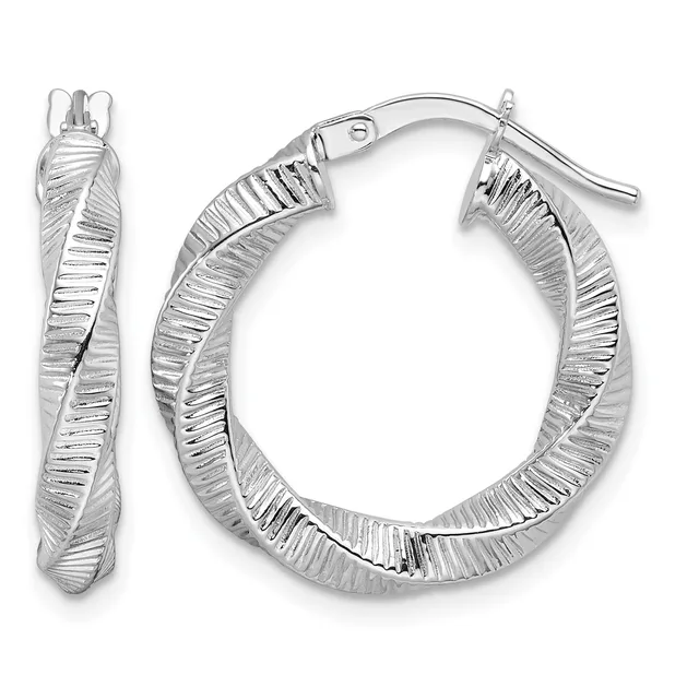 A pair of silver hoop earrings with a twisted or ridged texture, shown from the front and a single earring view on the left.