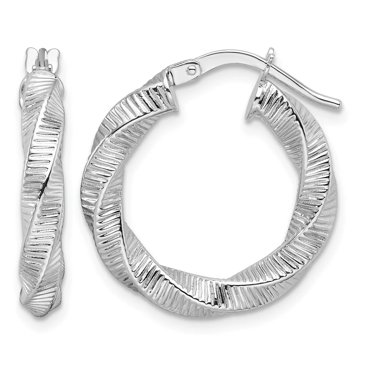 A pair of silver hoop earrings with a twisted or ridged texture, shown from the front and a single earring view on the left.