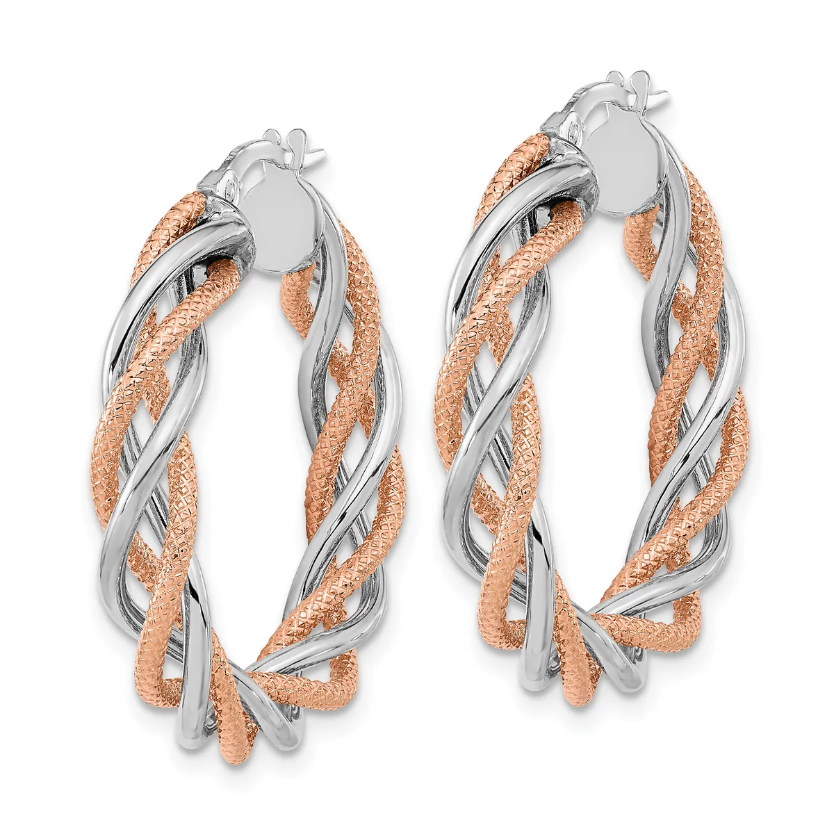 Pair of twisted hoop earrings with two-tone finish featuring rose gold textured strands woven with silver polished bands, shown from front view.