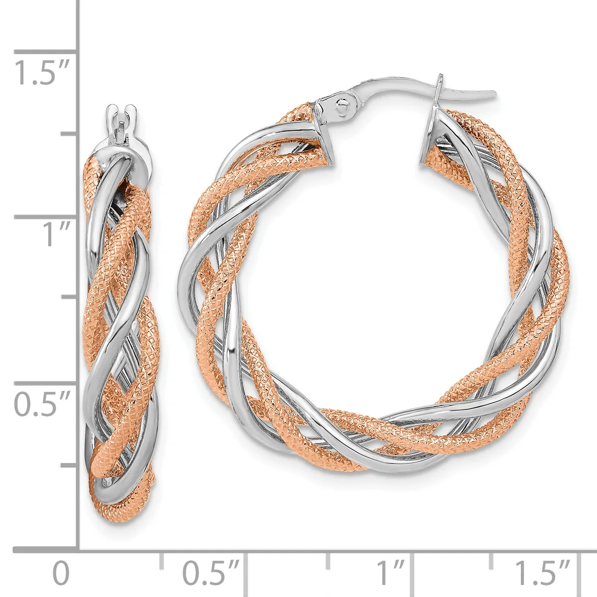 Two-tone twisted hoop earrings with rose gold textured outer strands and silver smooth inner strands, approximately 1.25 inches in diameter, shown with measurement scale.