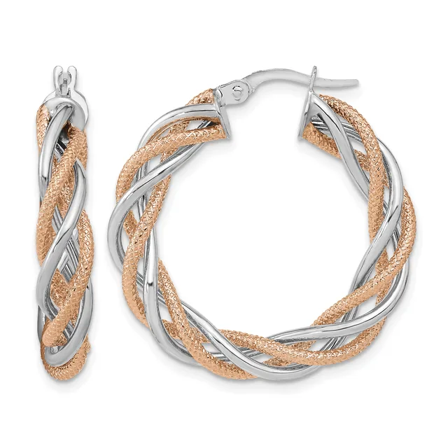 Pair of twisted two-tone hoop earrings with rose gold textured and white metal polished sections, shown from front and side views.