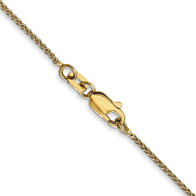 A gold chain necklace with a lobster claw clasp shown against a white background.