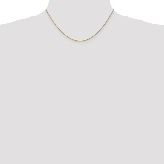 A thin gold-toned snake chain necklace displayed on a mannequin neck against a light gray background.