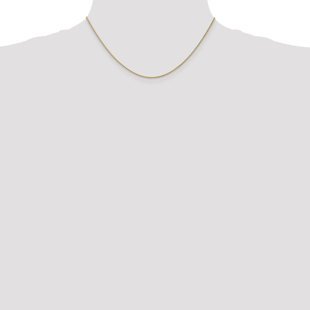 A thin gold-toned snake chain necklace displayed on a mannequin neck against a light gray background.