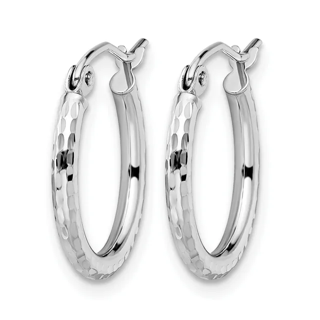 A pair of silver hoop earrings with a hammered texture finish and hinged clasp closures, displayed side by side.