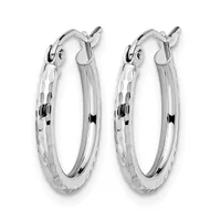 A pair of silver hoop earrings with a hammered texture finish and hinged clasp closures, displayed side by side.