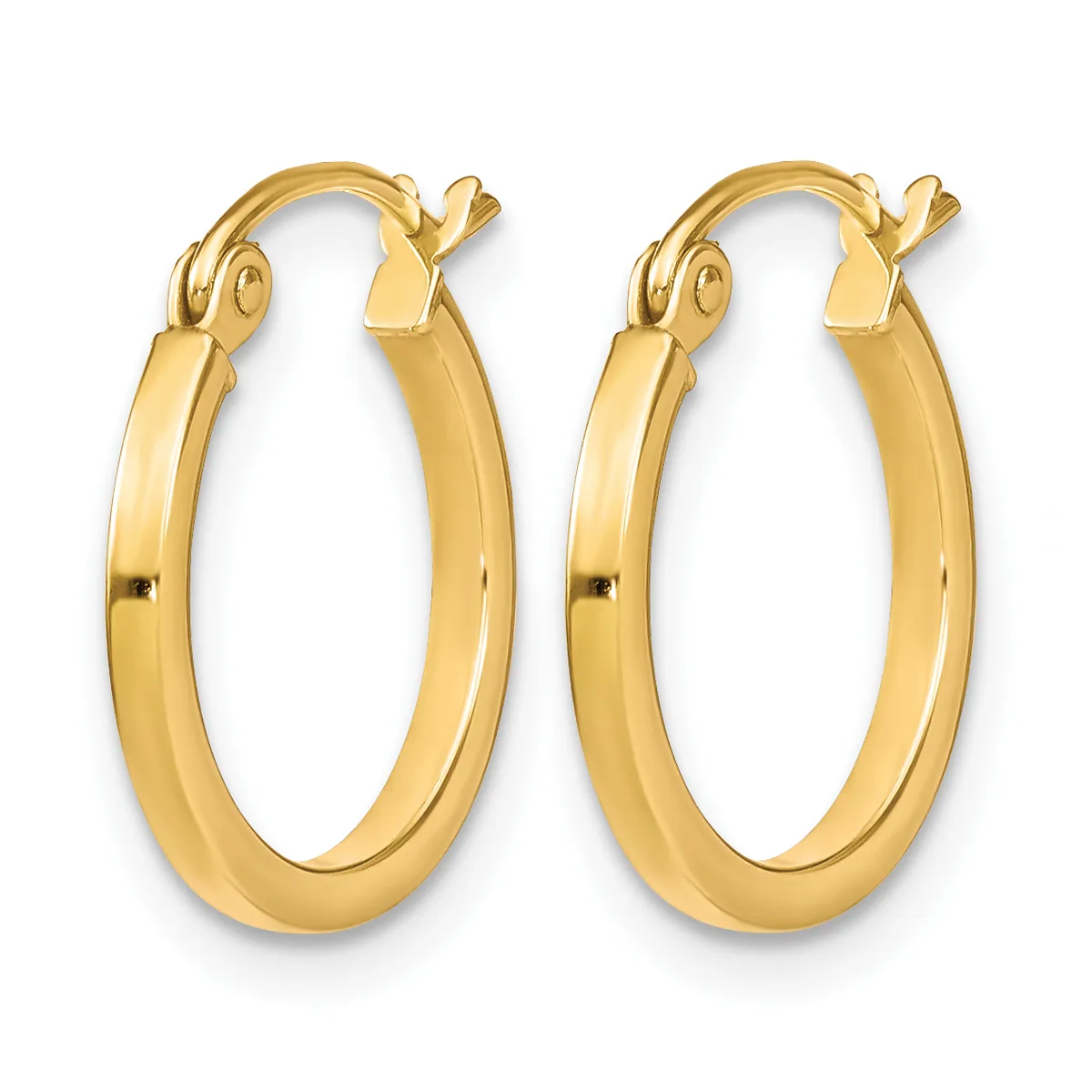 A pair of polished gold hoop earrings with rounded rectangular profiles and hinged closures, displayed against a white background.