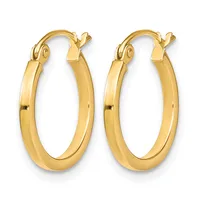 A pair of polished gold hoop earrings with rounded rectangular profiles and hinged closures, displayed against a white background.