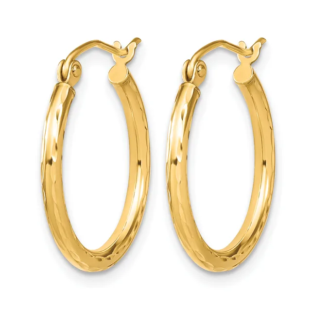 A pair of polished gold hoop earrings with a textured surface and hinged closures, shown against a white background.