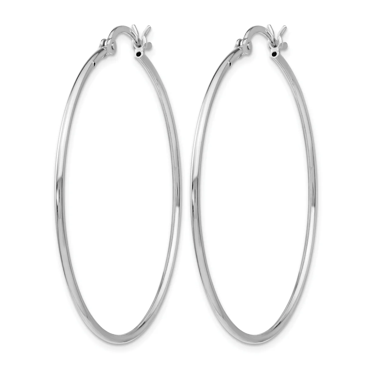 A pair of polished silver-toned hoop earrings with hinged closures, displayed against a white background.