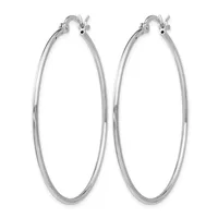 A pair of polished silver-toned hoop earrings with hinged closures, displayed against a white background.