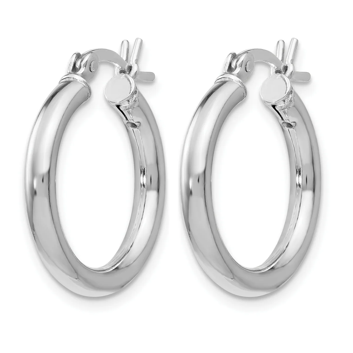 A pair of polished silver-toned hoop earrings with a thick, rounded profile and clip-style closures, displayed against a white background.