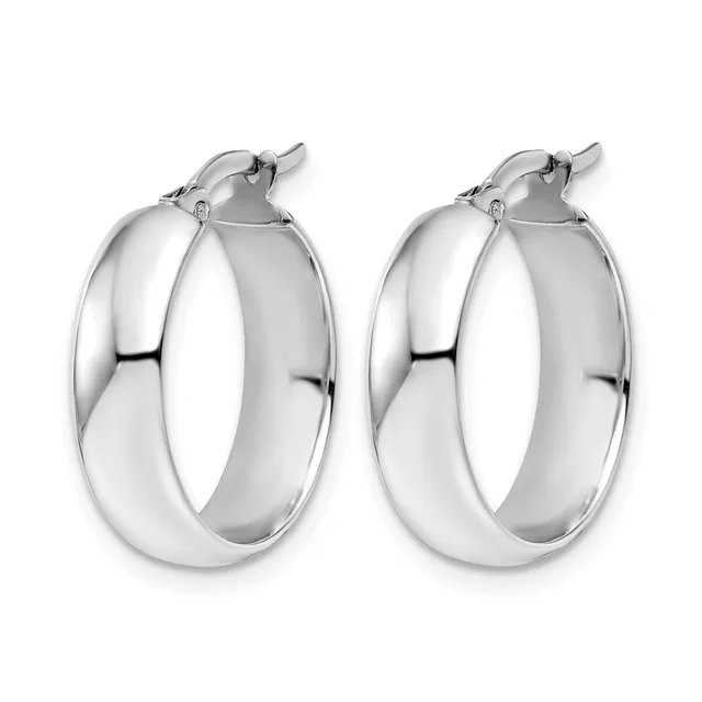 A pair of polished silver chunky hoop earrings with a smooth, rounded profile and hinged closures, displayed against a white background.