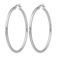 A pair of polished silver-toned hoop earrings with a smooth, rounded tubular design and toggle closures at the top.