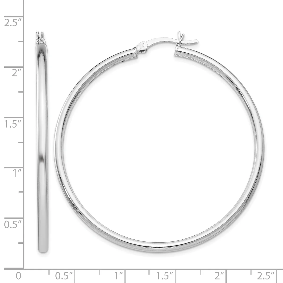 A pair of silver hoop earrings with a polished finish and small posts with friction backs, shown next to a measurement scale.