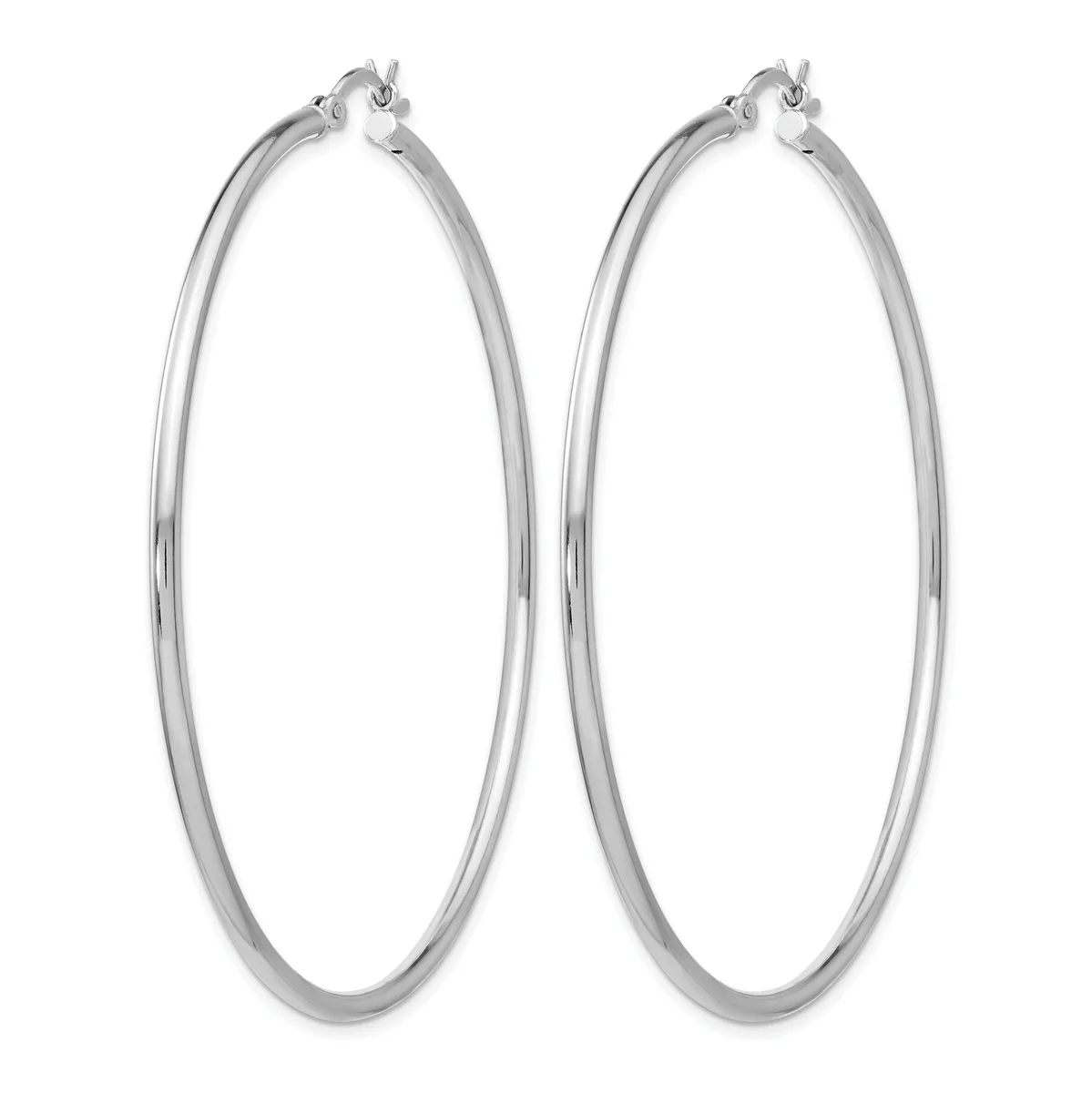 A pair of large polished silver-toned hoop earrings with hinged closures, displayed against a white background.