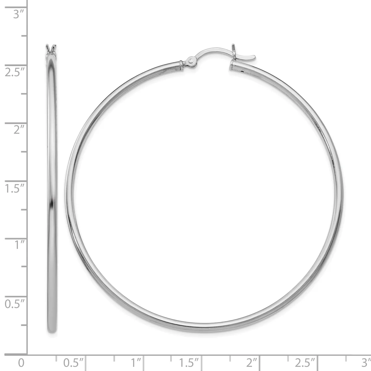 Silver-toned hoop earrings with hinged closure, shown against a ruler measuring approximately 2.75 inches in diameter.