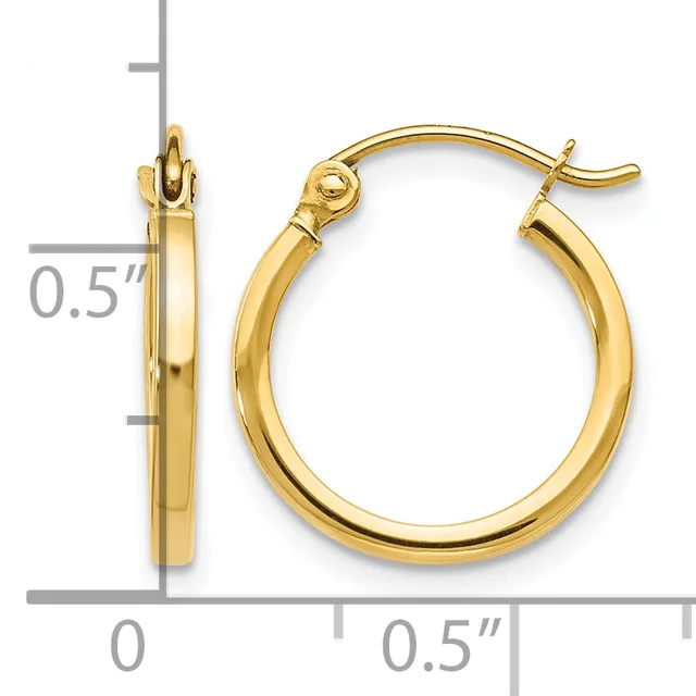 Pair of polished gold-colored hoop earrings with hinged closures, shown next to a measurement scale indicating approximately 0.5 inches in diameter.