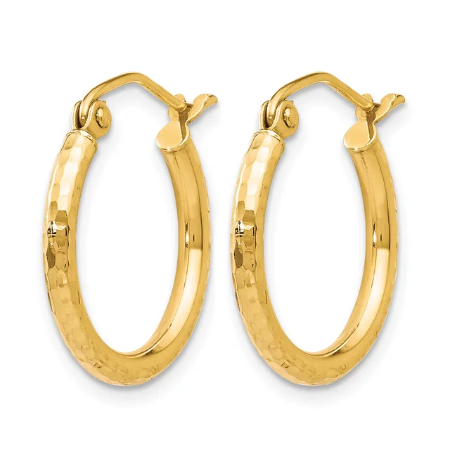 A pair of polished gold hoop earrings with a hammered texture finish and post-and-hinge closures displayed against a white background.