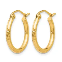 A pair of polished gold hoop earrings with a hammered texture finish and post-and-hinge closures displayed against a white background.