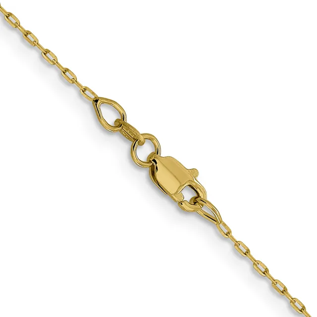 A gold chain bracelet with an elongated oval link pattern and a lobster claw clasp, displayed diagonally against a white background.