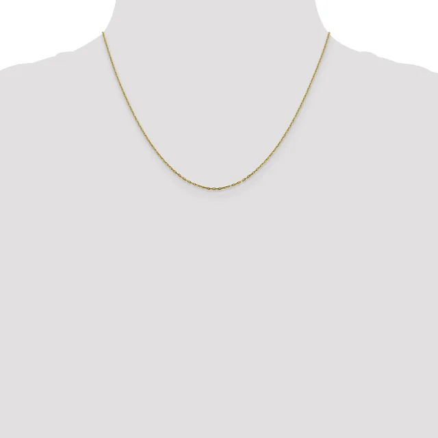 A thin gold-toned chain necklace displayed on a mannequin neck form against a neutral background.