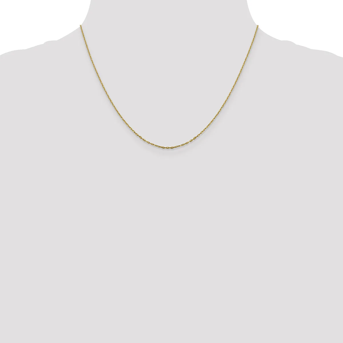 A thin gold-toned chain necklace displayed on a mannequin neck form against a neutral background.