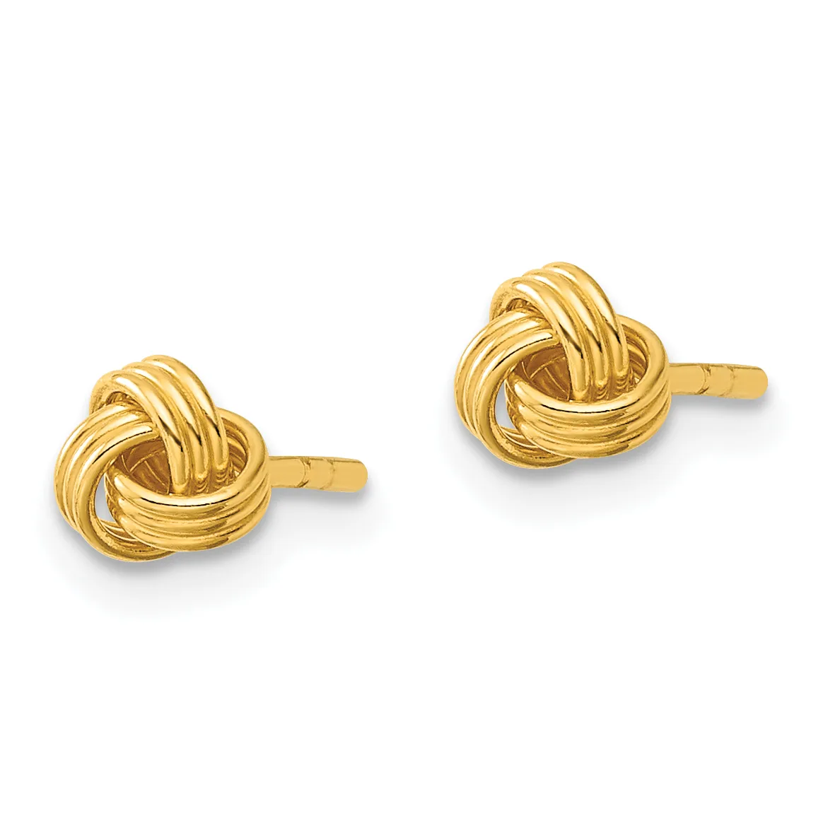 Pair of gold-colored knot stud earrings with posts and backs, shown from the front against a white background.