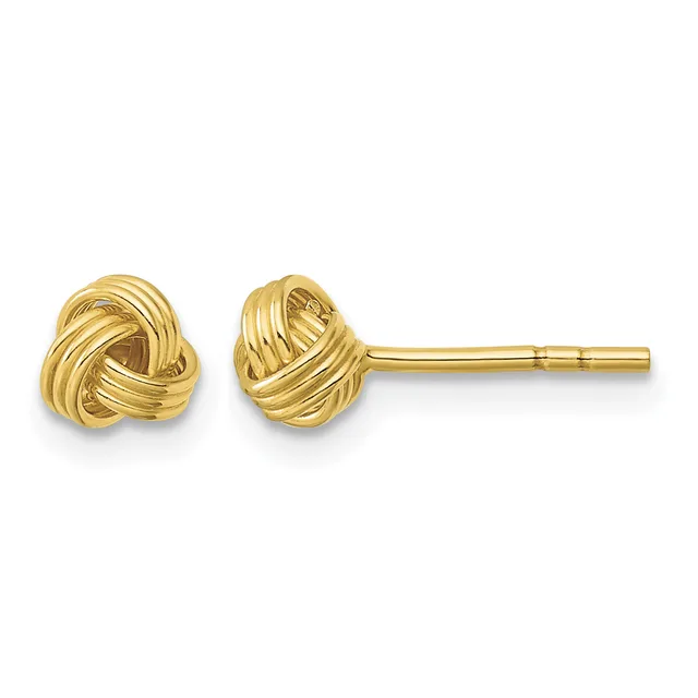 A pair of gold knot stud earrings with posts and backs, shown from the front and side view against a white background.