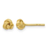 A pair of gold knot stud earrings with posts and backs, shown from the front and side view against a white background.