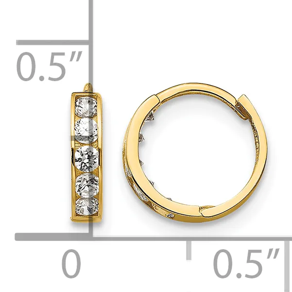 Gold hoop earrings with four channel-set round white cubic zirconia stones, shown from front and side views against a measurement scale indicating 0.5 inch size.
