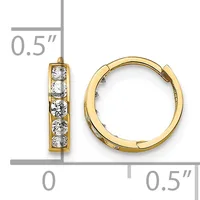 Gold hoop earrings with four channel-set round white cubic zirconia stones, shown from front and side views against a measurement scale indicating 0.5 inch size.