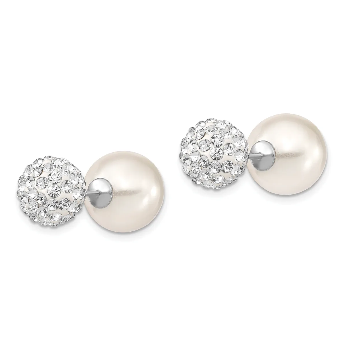 A pair of double-sided stud earrings featuring crystal-encrusted spheres on one side and smooth pearl spheres on the other, connected by silver posts.