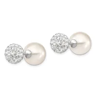 A pair of double-sided stud earrings featuring crystal-encrusted spheres on one side and smooth pearl spheres on the other, connected by silver posts.