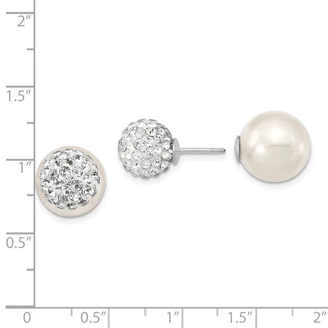 Three pairs of earrings displayed against a ruler showing measurements up to 2 inches: pearl studs, crystal-paved ball studs, and larger pearl studs.